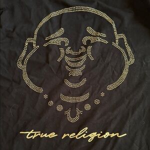 True Religion Black V-Neck Tee with Gold Emblem